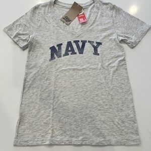 Blue 84 NWT women's US Navy V Neck Tshirt Gray Blue Medium Fitted Longer Length